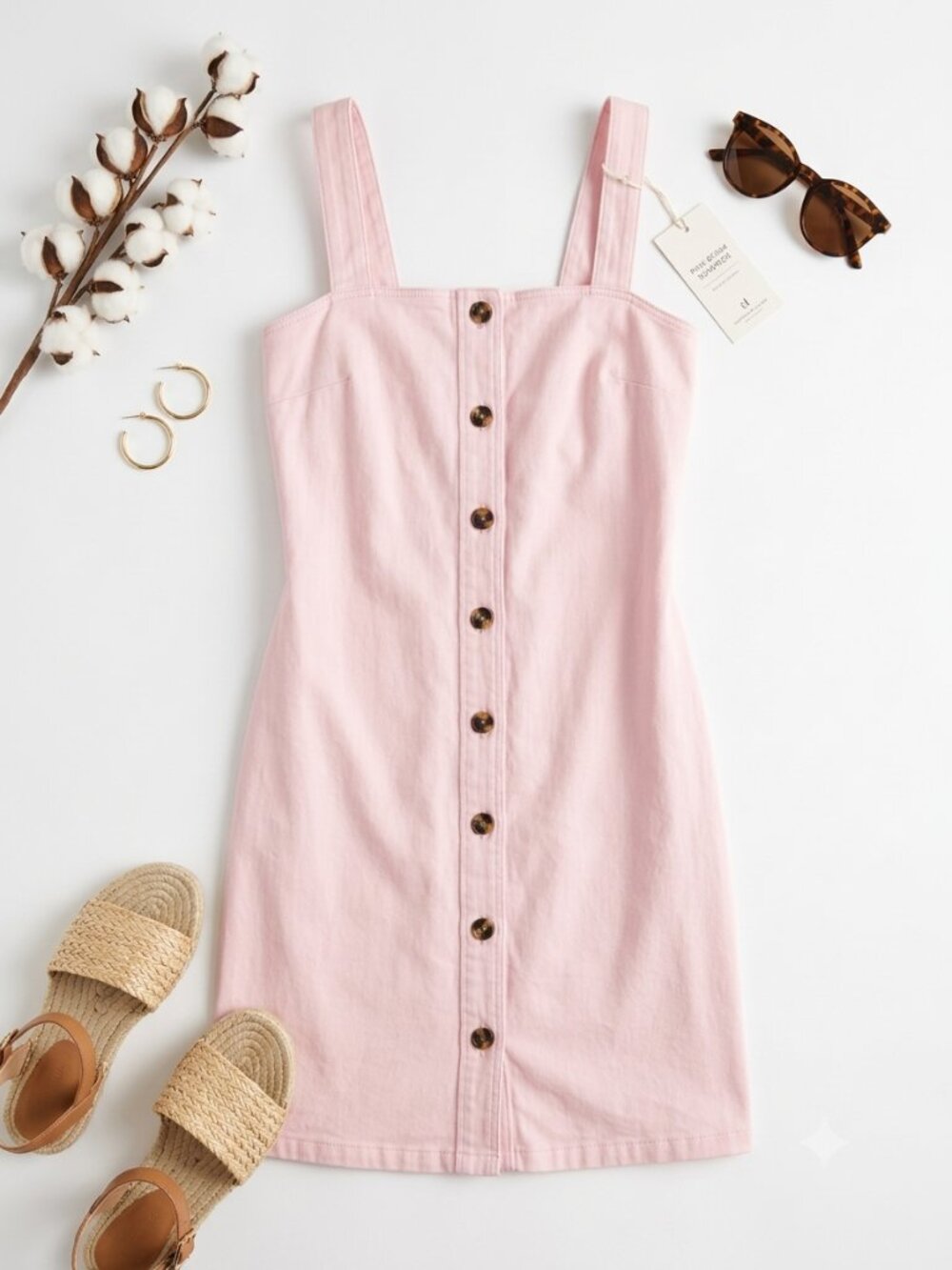 Ann Taylor Blush Pink Button-Front Pinafore Denim Shift Dress